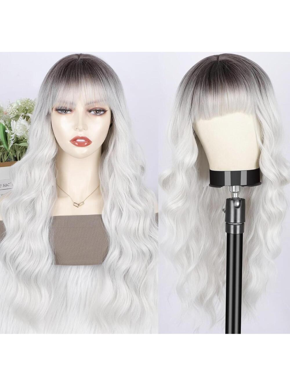 White Silver Ombre 24" Wavy Long Wig Y2K Extra Long Wig Wavy Women Bangs 0642